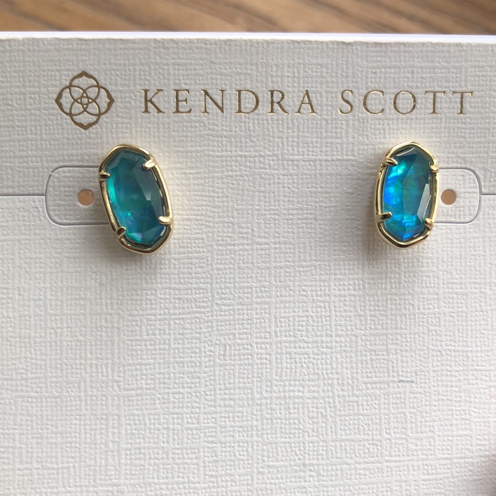 Kendra Scott Grayson Gold Plated Over Brass Stud Earrings With Teal Abalone NWT